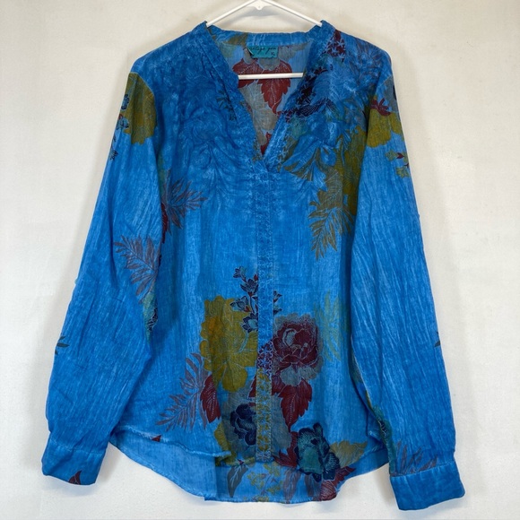 Vintage Tops - Vintage Gora Women’s Button Down Shirt Floral Embroidered  Blue Size XL